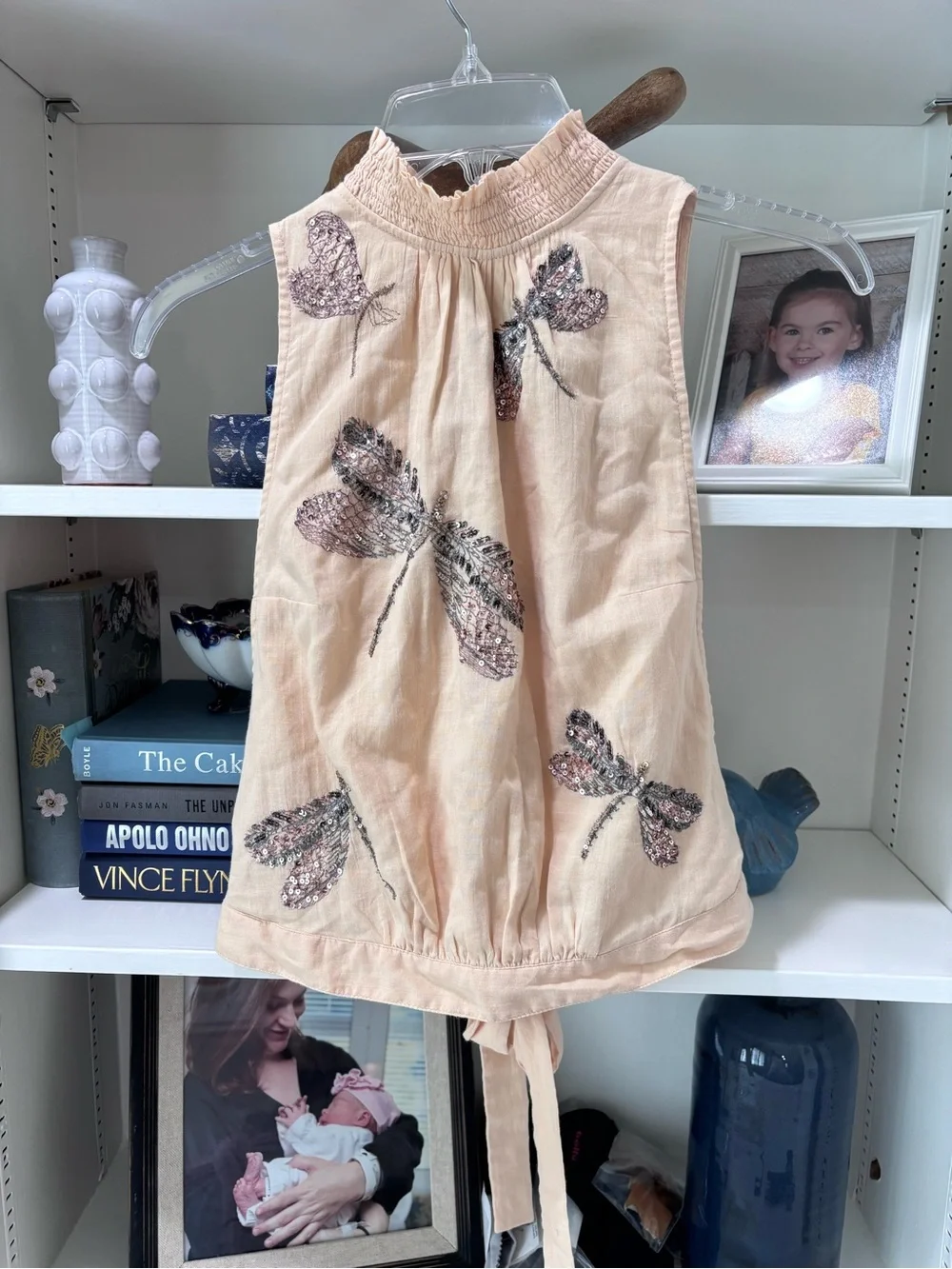 Free People "The Garden" top smocked mock neck sequin dragonfly embroidery S - Picture 4 of 10